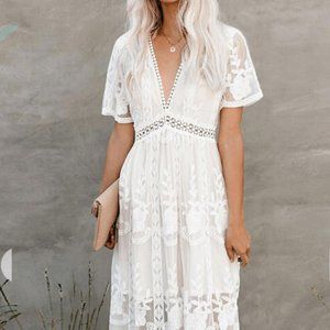 White Boho Lace Short-Sleeve Maxi Dress
